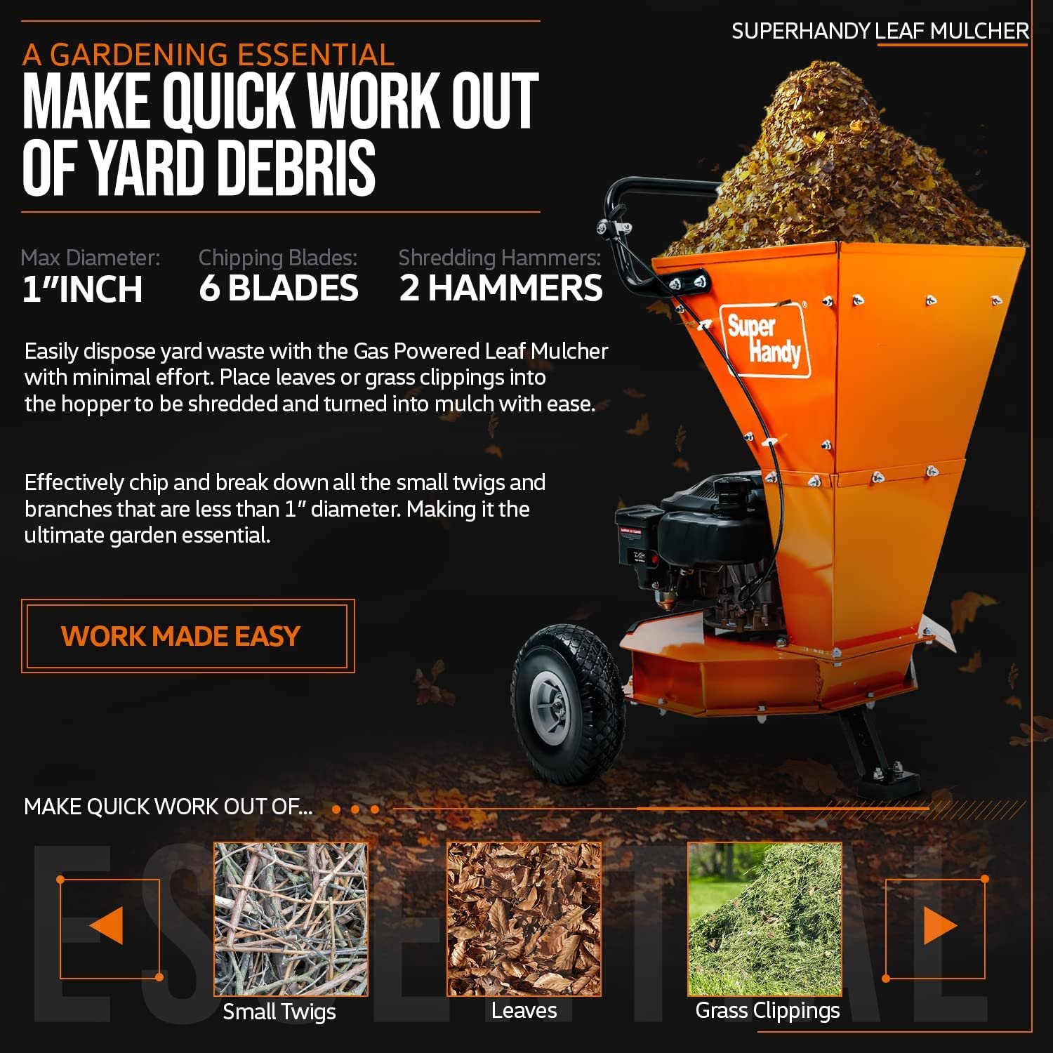 Super Handy GUO083 145CC OHV 3.4 HP 1" Inch Cutting Capacity Leaf Shredder Used