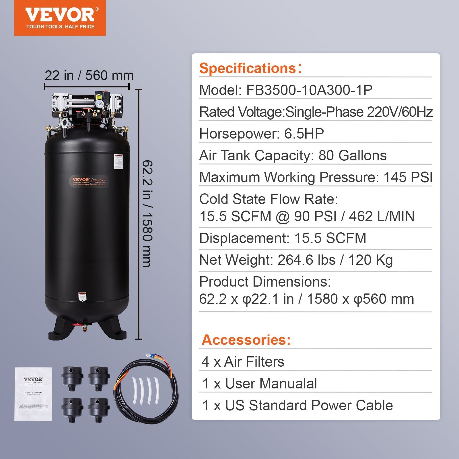 Vevor Air Compressor 80 Gallon 6.5HP Oil-Free 145 PSI Max Single-Phase 220V New