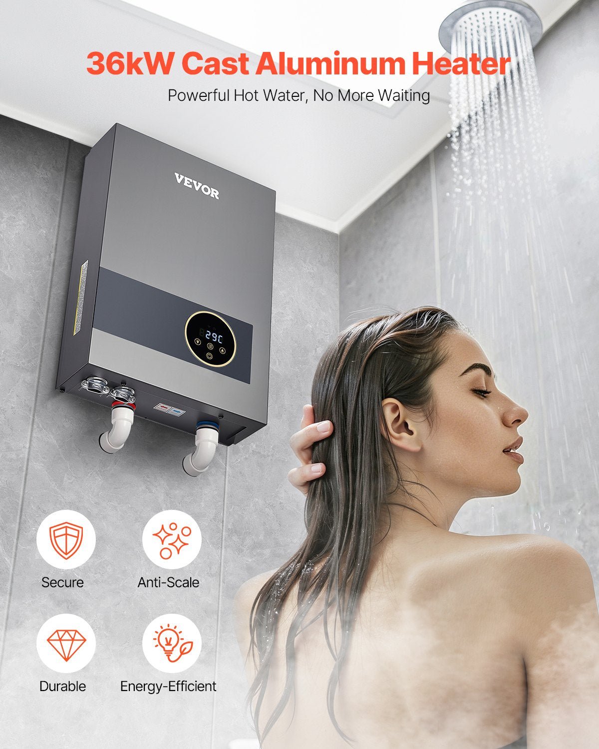 Vevor Tankless Electric Water Heater 36kW Instant Hot with LCD Touchscreen New
